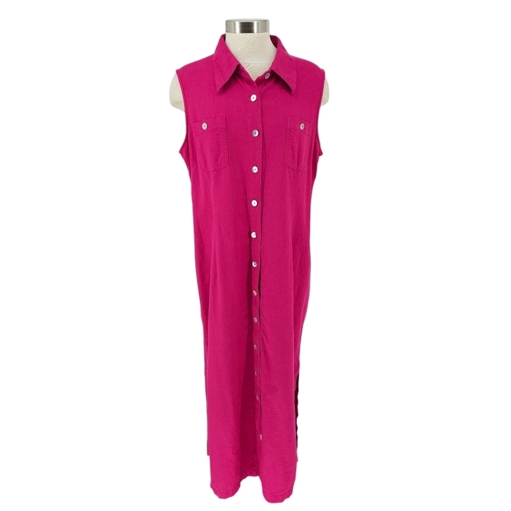 Carolina Colours Midi Shirt Dress Linen Pink Sleeveless Button Collared 18